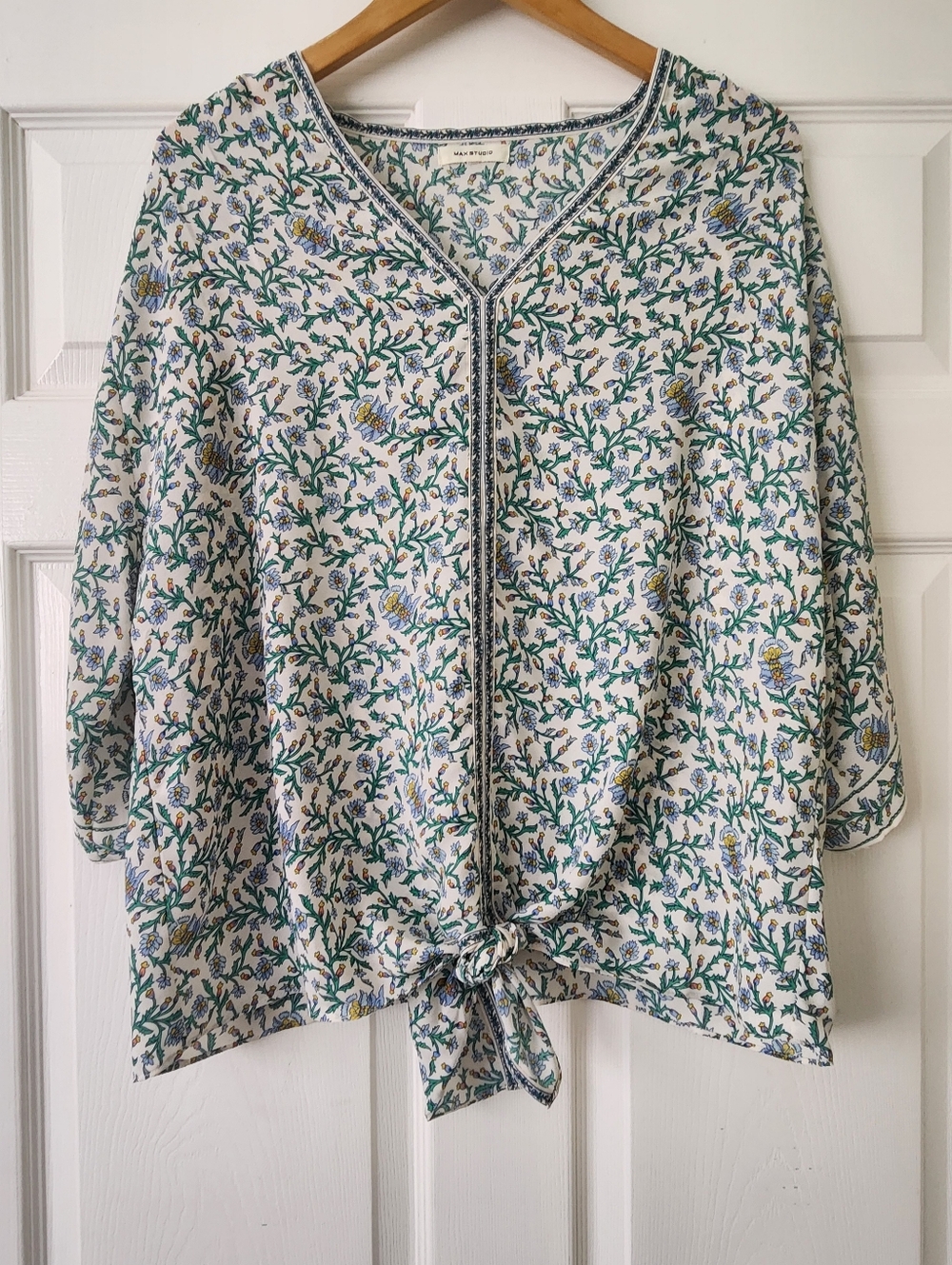 Max Studio Floral V-Neck Blouse in White, Green & Light Blue - Women's 2X